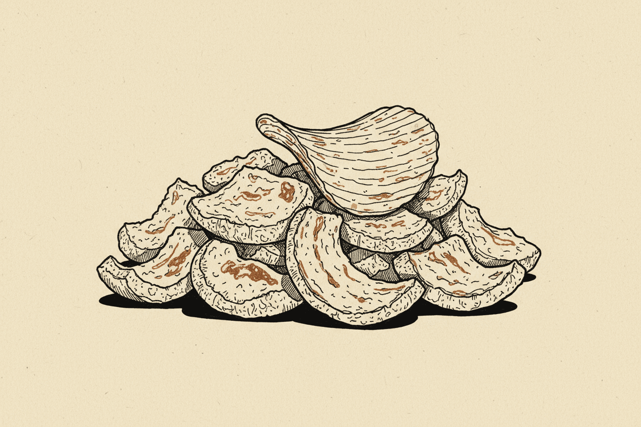 Illustration of a pile of crispy pork cracklings and potato chips
