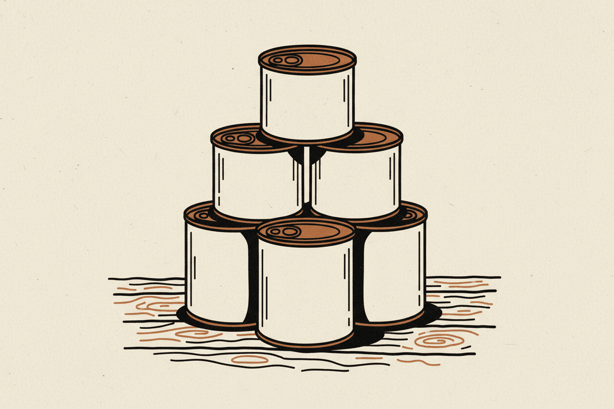 Illustration of a stack of tin cans with pull-tabs on a wooden surface