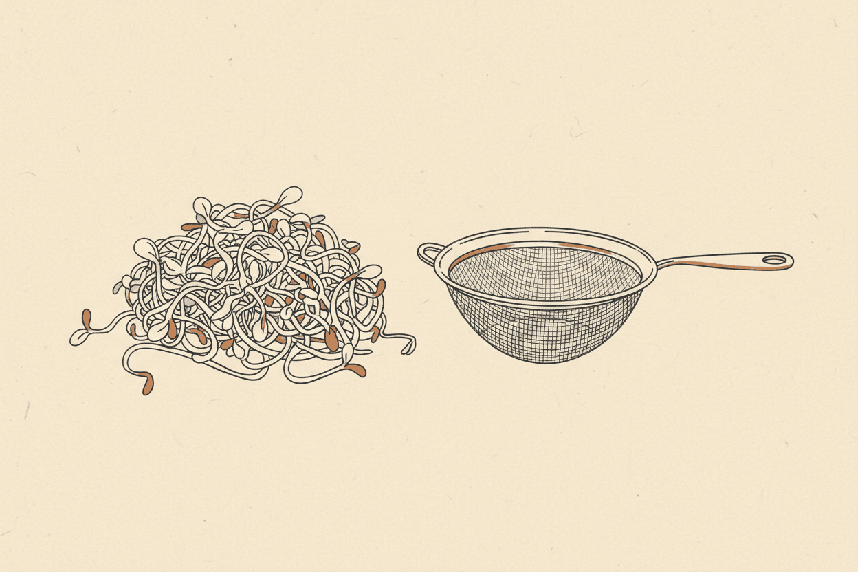 Illustration of a pile of alfalfa sprouts next to a small sieve