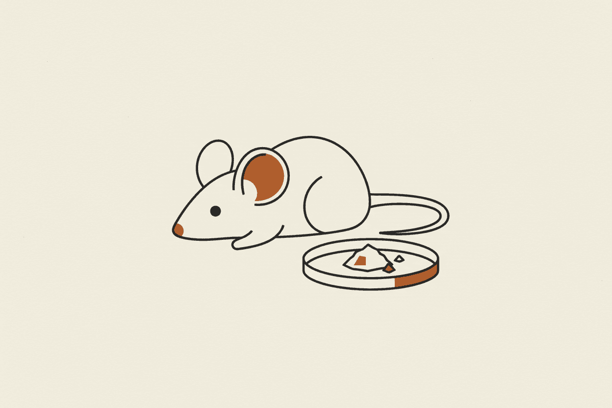 Illustration of a laboratory mouse near a petri dish with a small pile of white powder