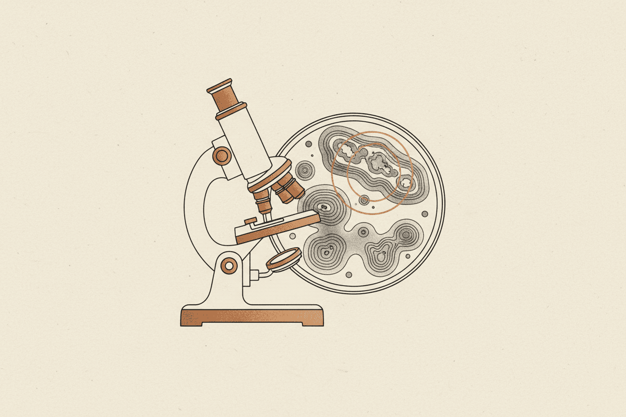 Illustration of a petri dish with swirling bacterial colonies and a microscope