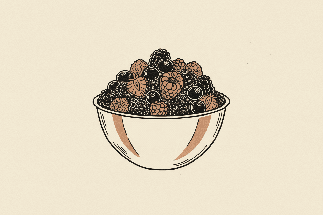 Illustration of a pile of frozen mixed berries in a metal bowl
