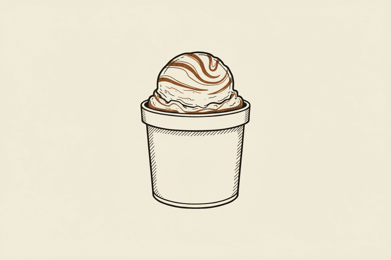 Illustration of a half-gallon ice cream container with a scoop of swirled ice cream