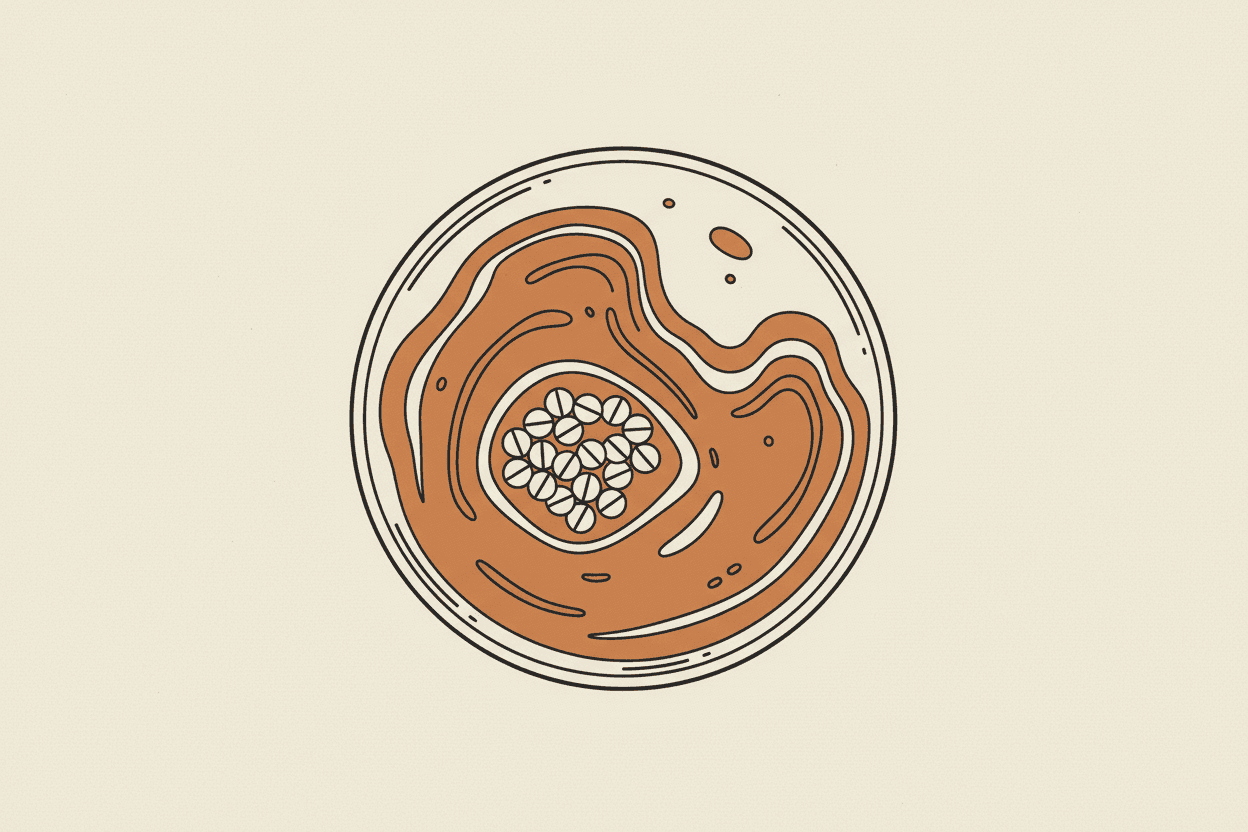 Illustration of a petri dish with a swirling red liquid and a cluster of small white pills