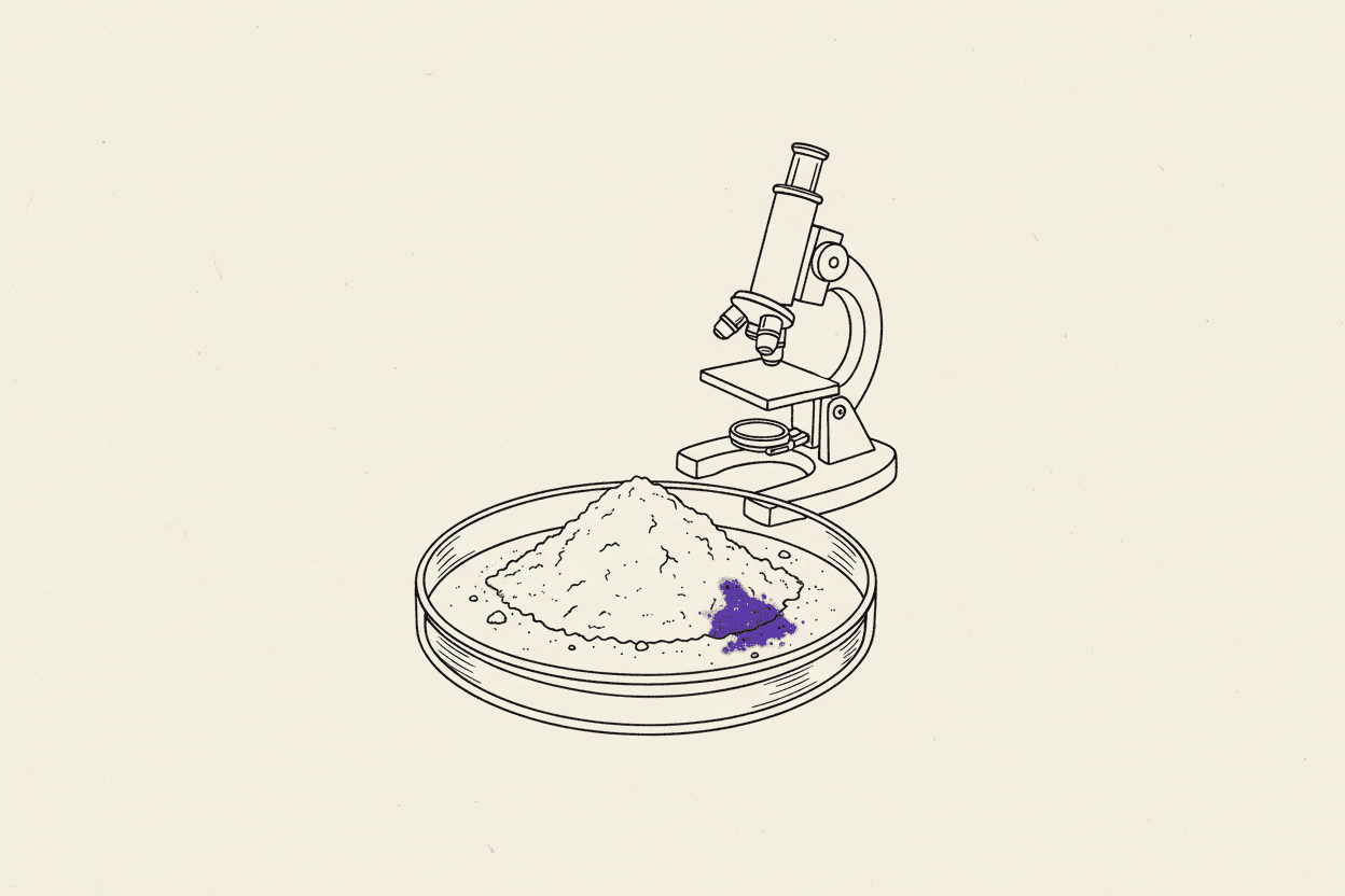 Illustration of a petri dish with a white powder and a microscope
