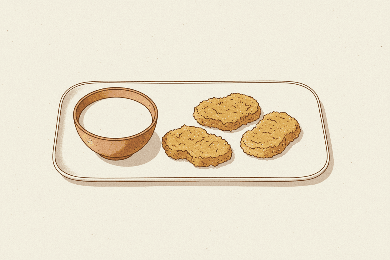 Illustration of a small bowl of oat milk next to a plate of plant-based chicken nuggets