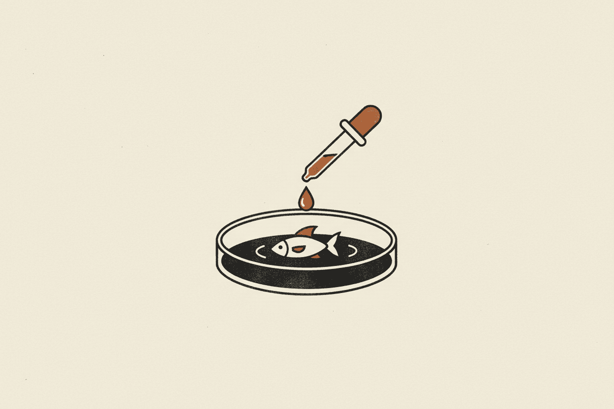 Illustration of a petri dish with a small fish and a dropper