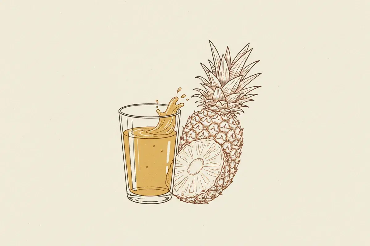 Illustration of a clear glass filled with golden pineapple juice beside a halved pineapple