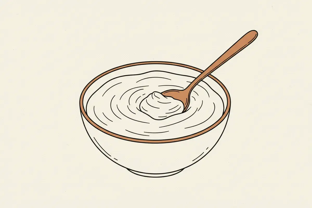 Illustration of a bowl of thick white yogurt with a spoon