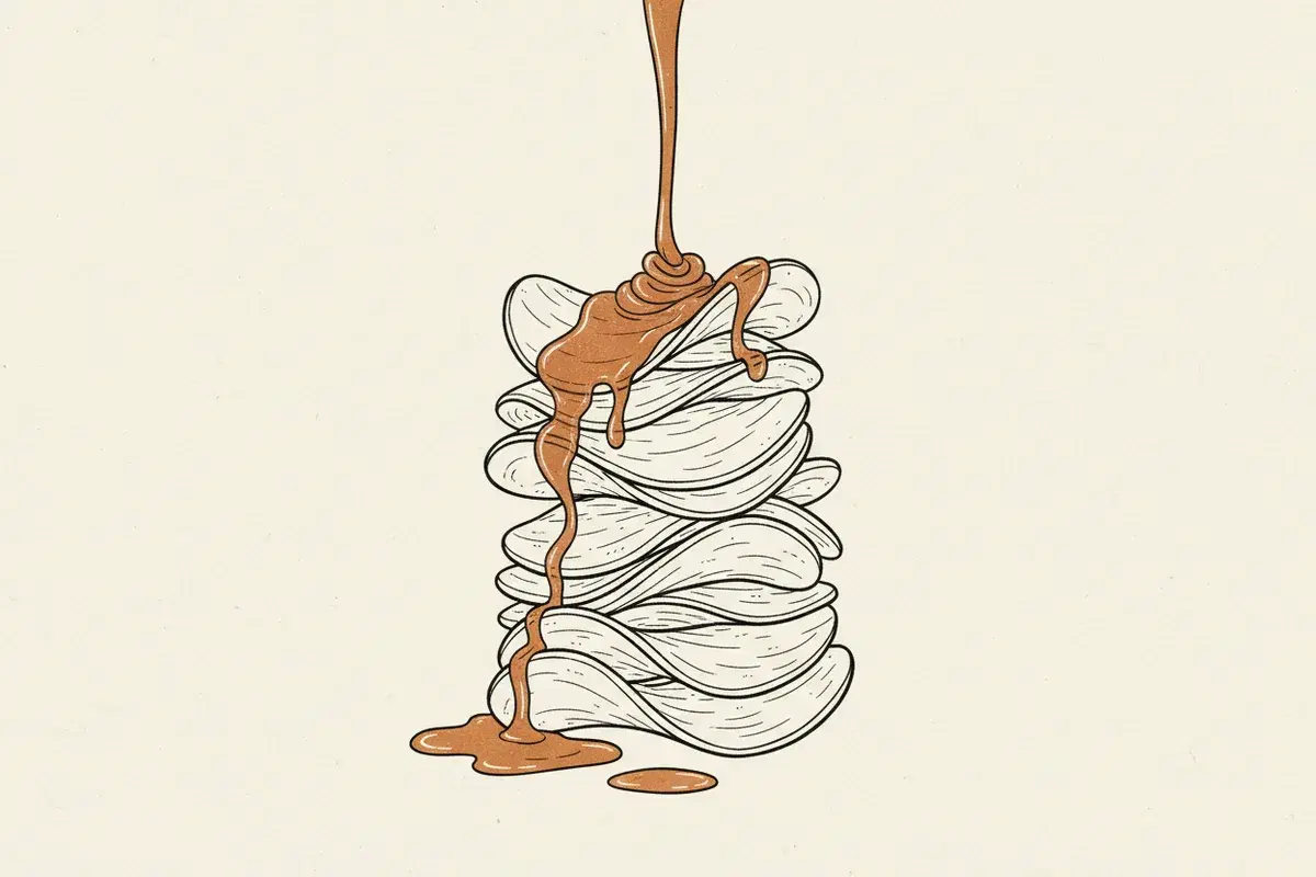Illustration of a stack of potato crisps with a drizzle of honey