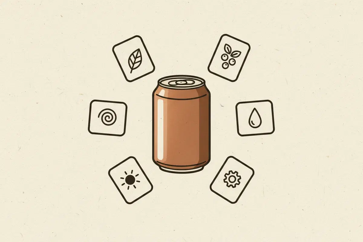 Illustration of a soda can with six ingredient labels floating around it