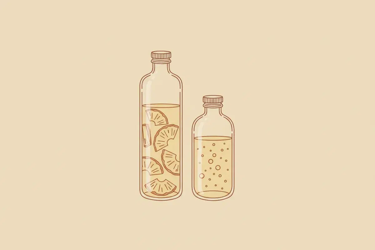 Illustration of two clear bottles, one with pineapple slices, the other with fizzy yellow liquid