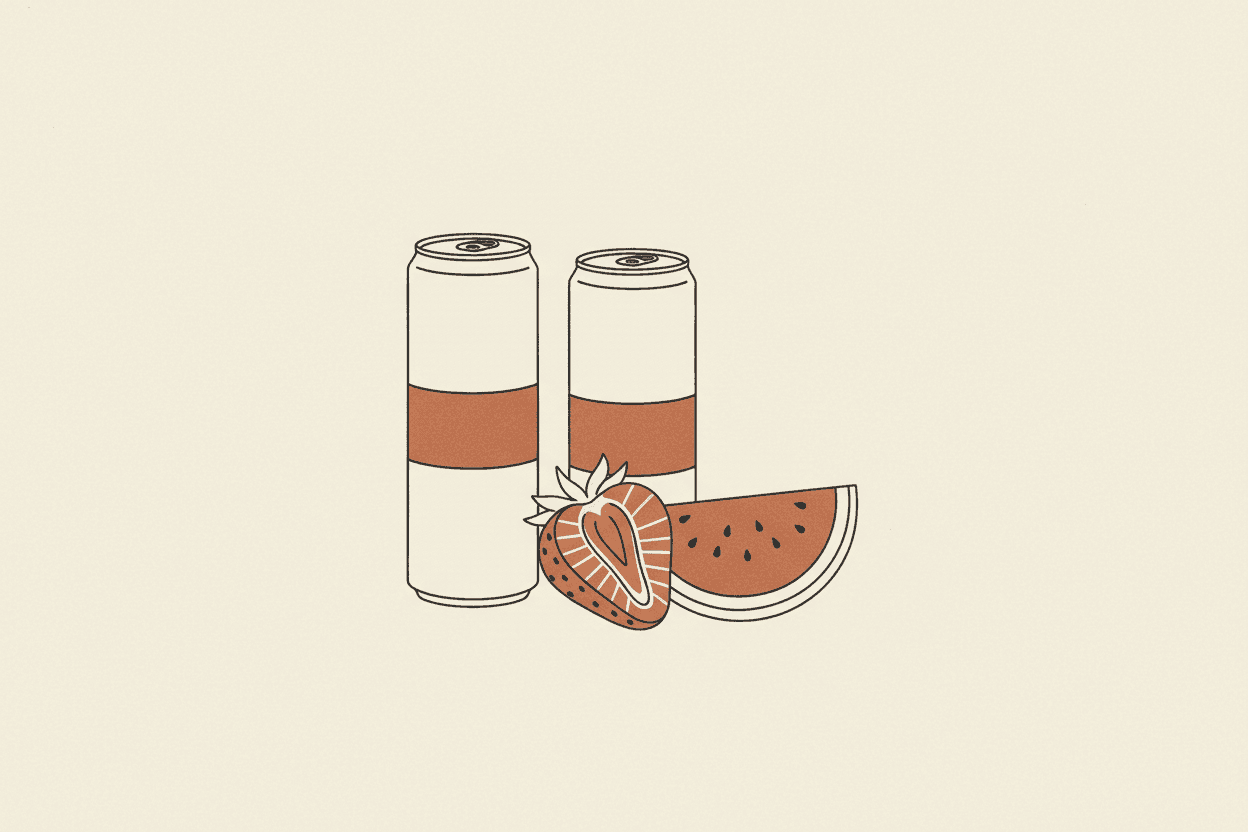Illustration of two slim energy drink cans beside a small pile of sugar cubes