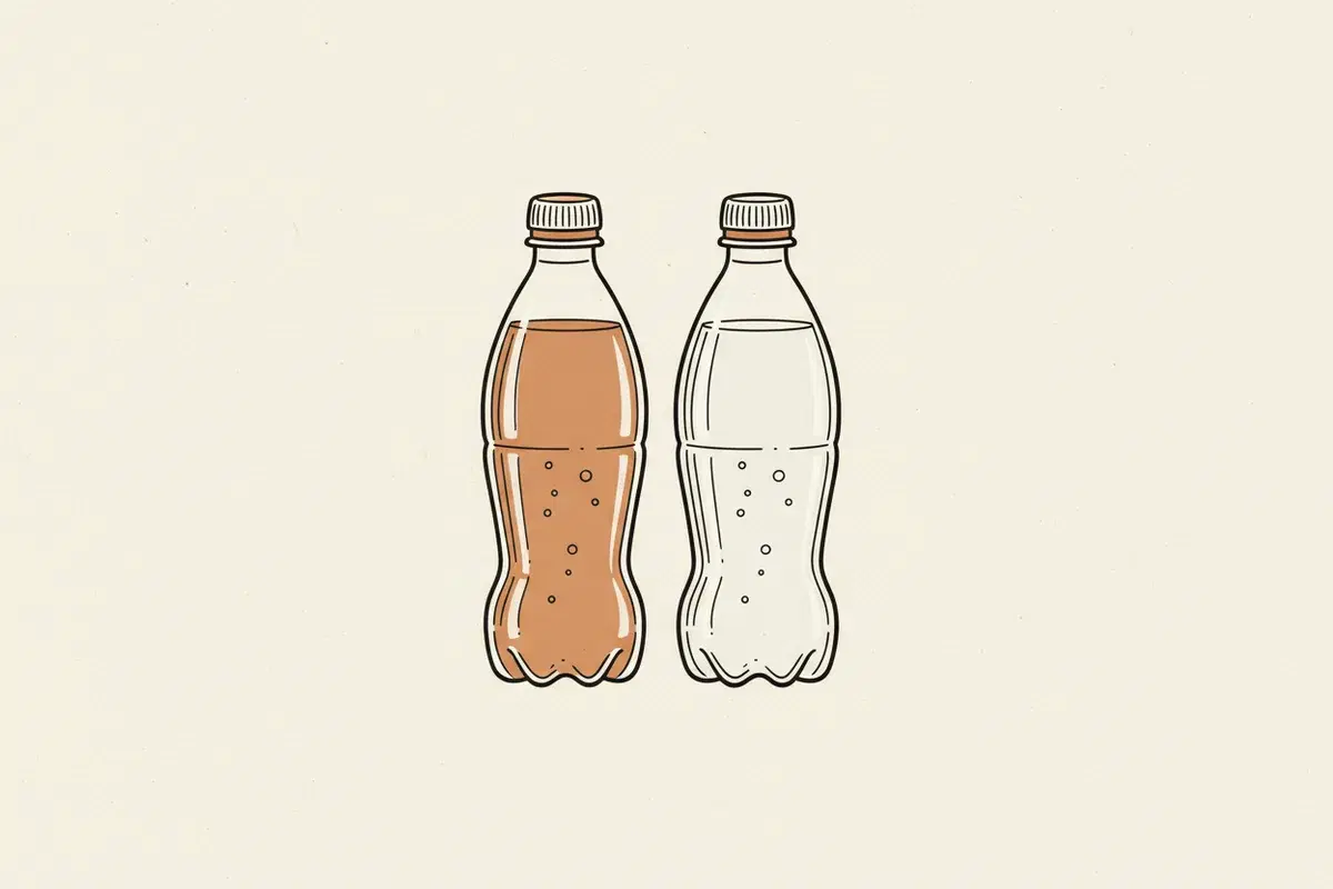 Illustration of two clear plastic bottles of soda, one with orange liquid and one with clear liquid