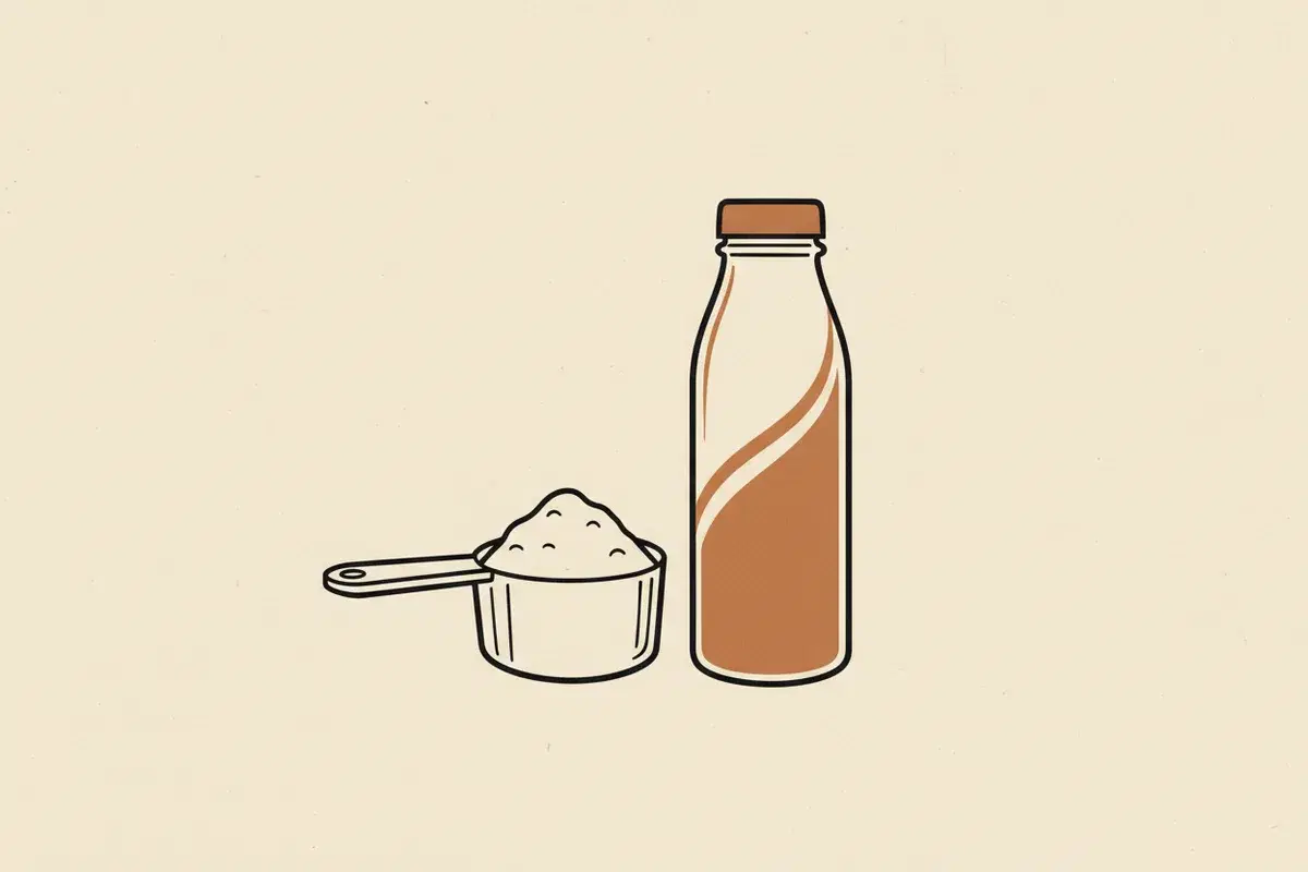 Illustration of A scoop of protein powder next to a ready-to-drink protein shake bottle