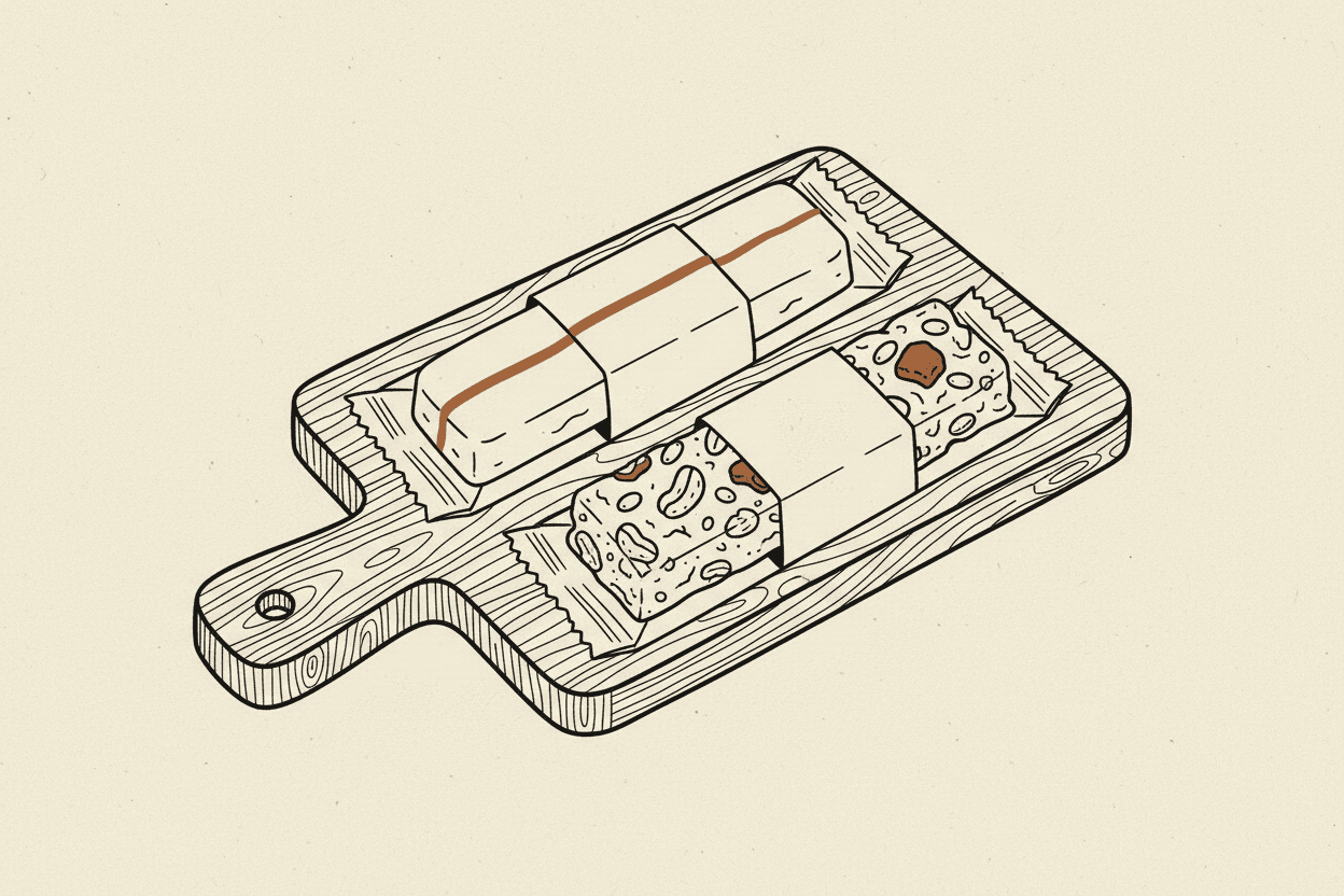 Illustration of two protein bars with different textures on a wooden cutting board
