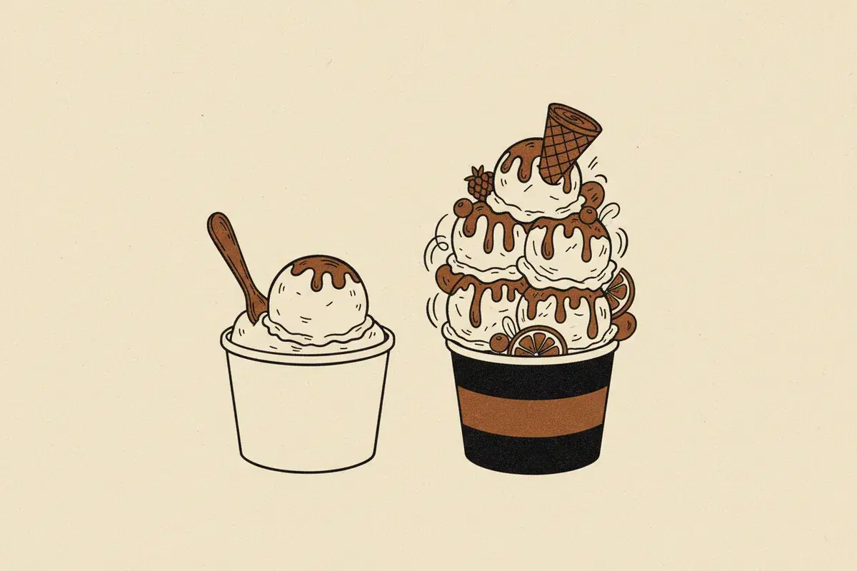 Illustration of Two ice cream tubs with scoops, one simple, one complex