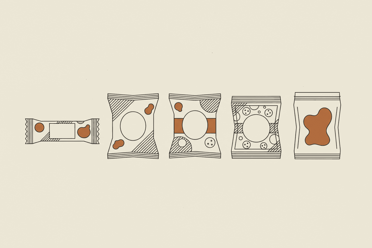 Illustration of six food product wrappers arranged in a row