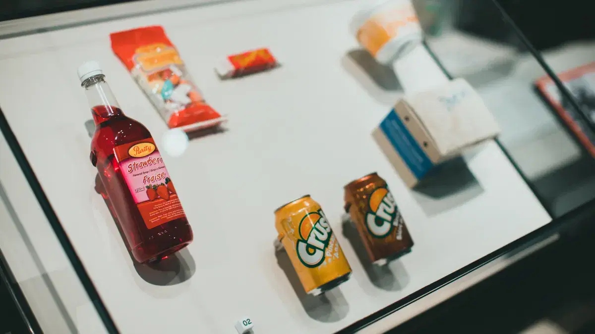Collection of drinks and snacks showcased in a glass display case, indoors.