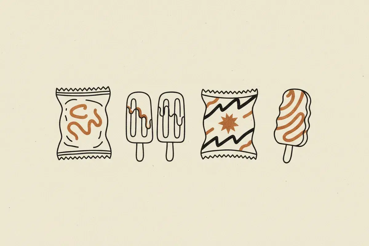 Illustration of a row of five snack food bags and ice cream bars