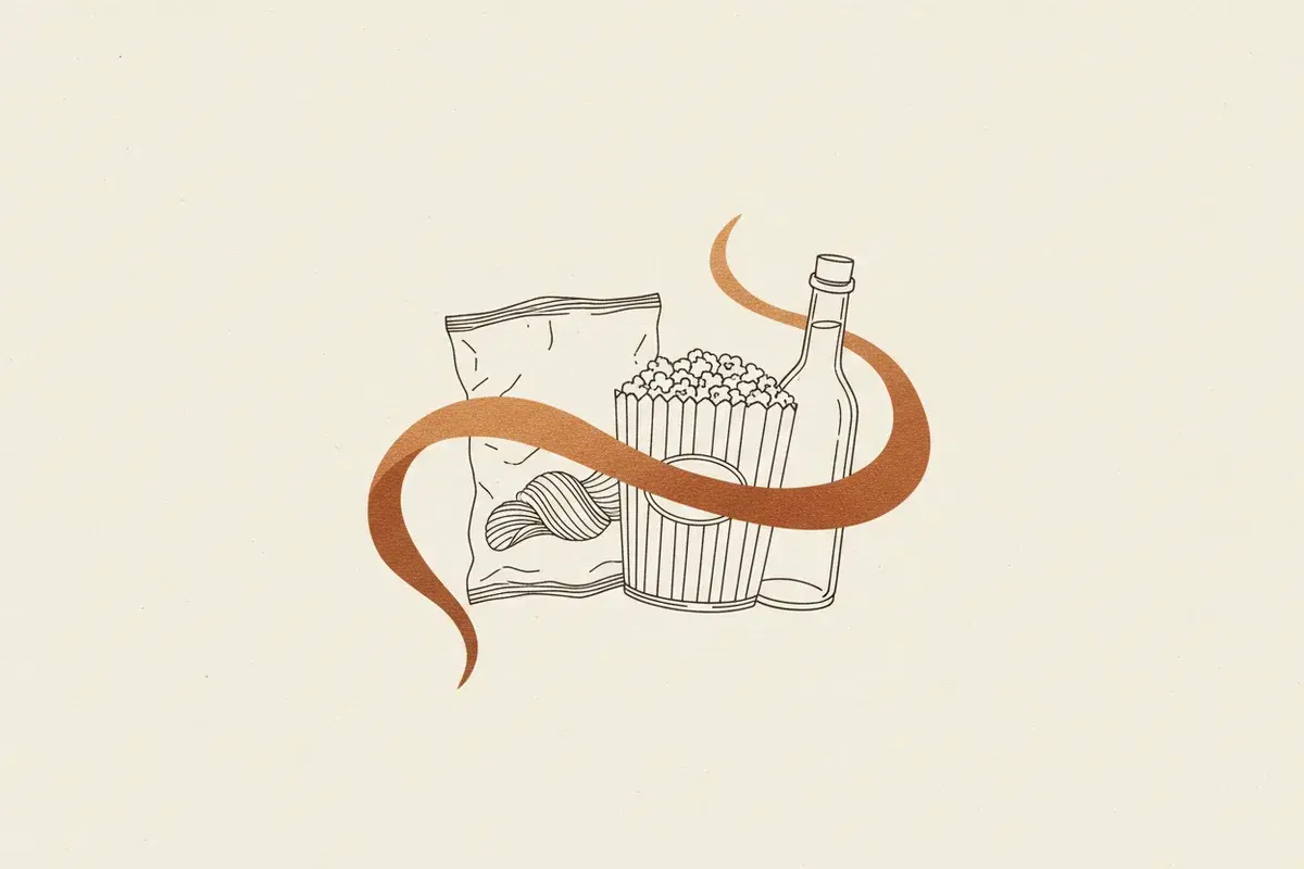 Illustration of a bag of chips, a bag of popcorn, and a bottle of cooking oil