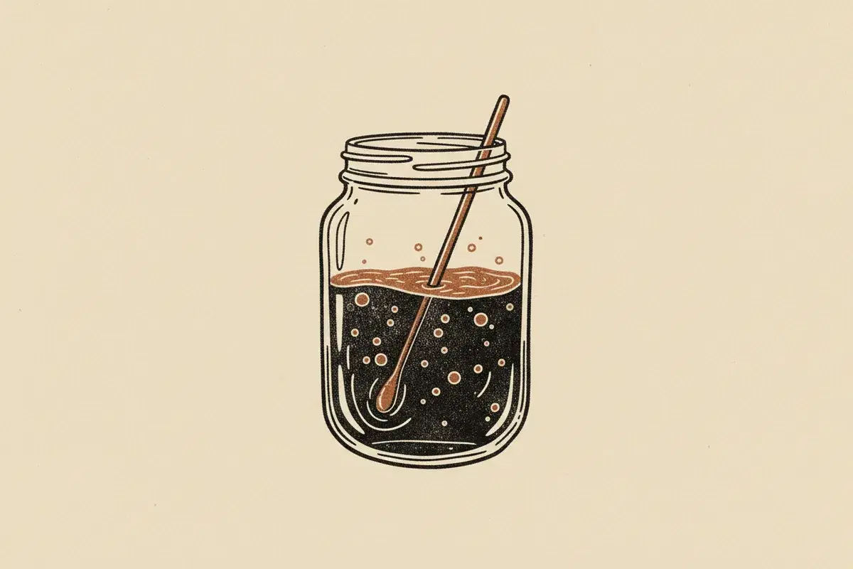 Illustration of A clear glass jar filled with oil and water, with a small stirring rod