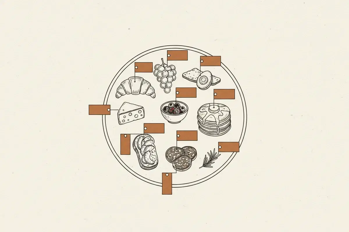 Illustration of A white plate with nine different food items, each with a small tag
