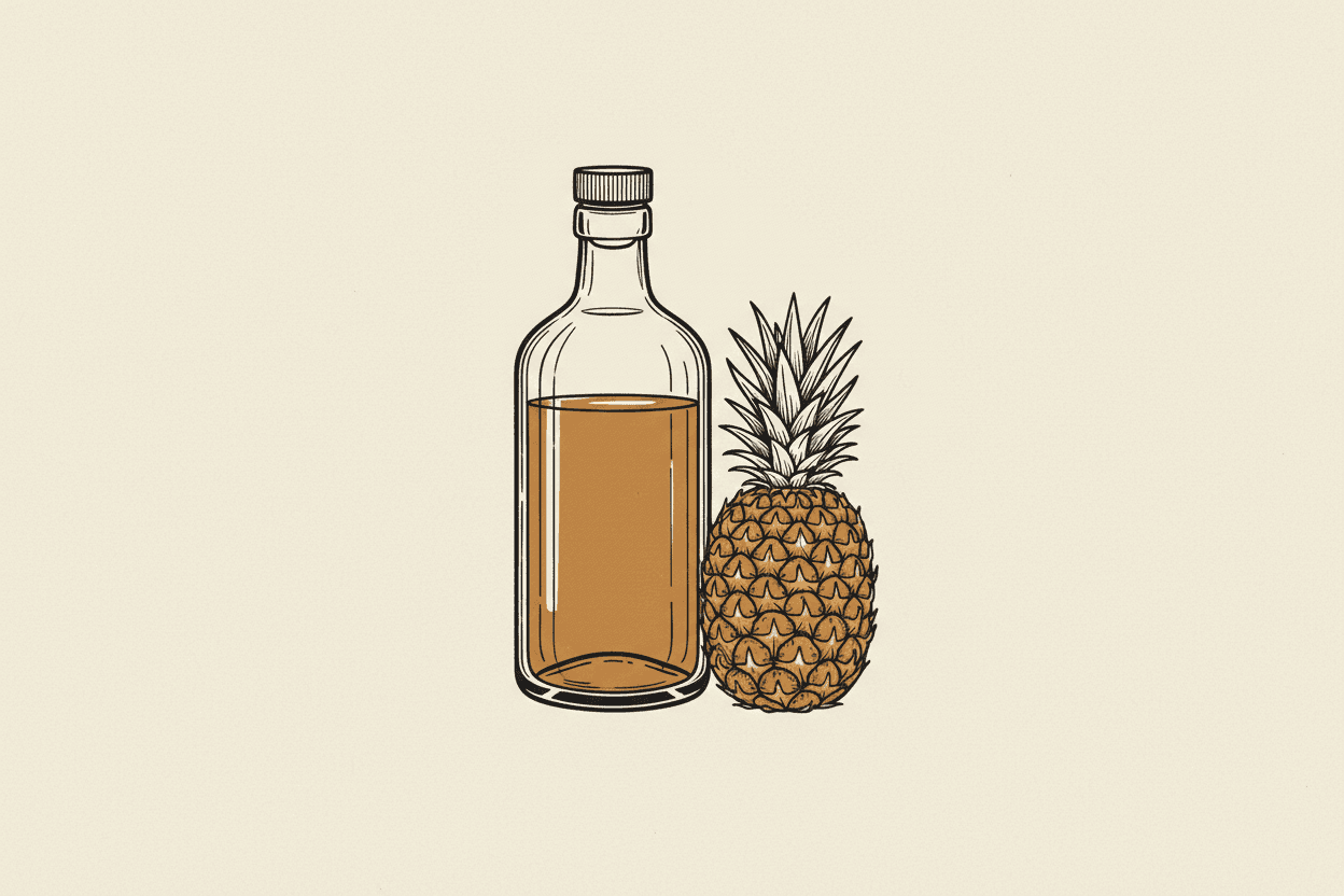 Illustration of a clear glass bottle filled with golden liquid beside a whole pineapple