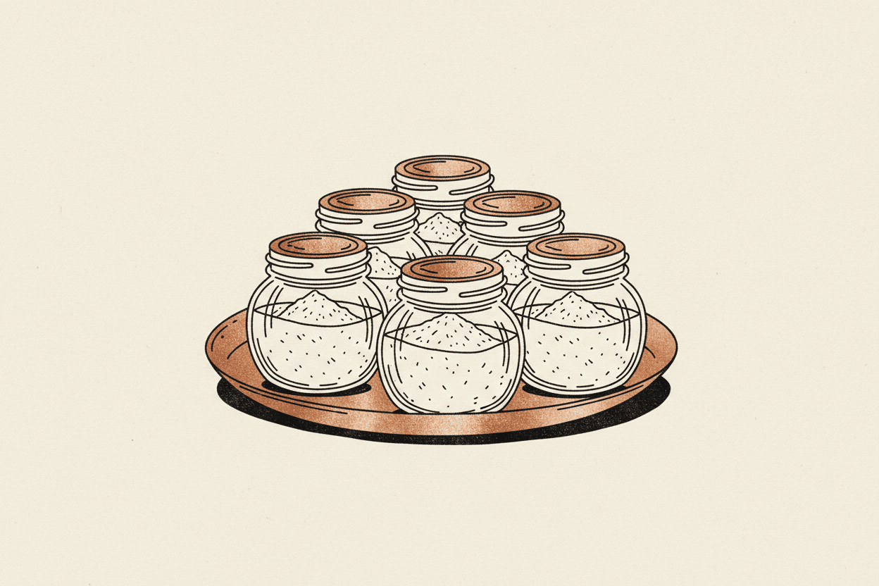 Illustration of a pile of white powder next to a clear glass jar