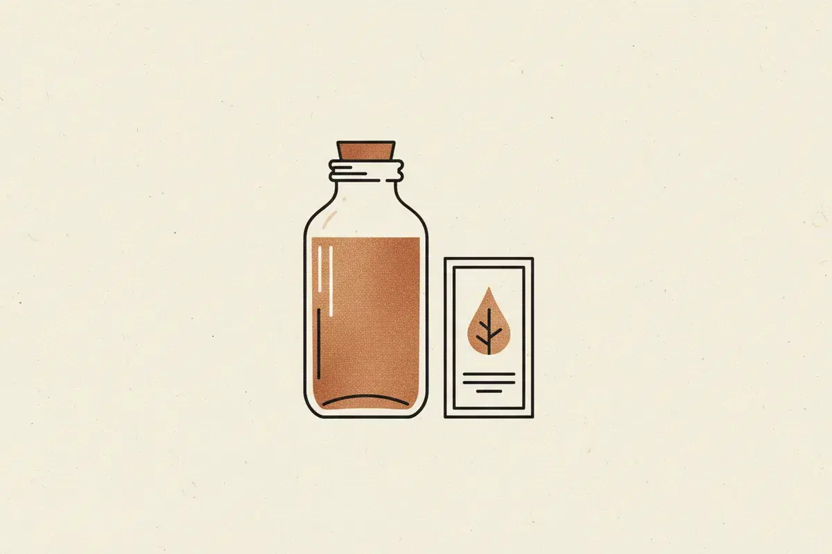 Illustration of a glass jar of cooking oil next to a food ingredient label