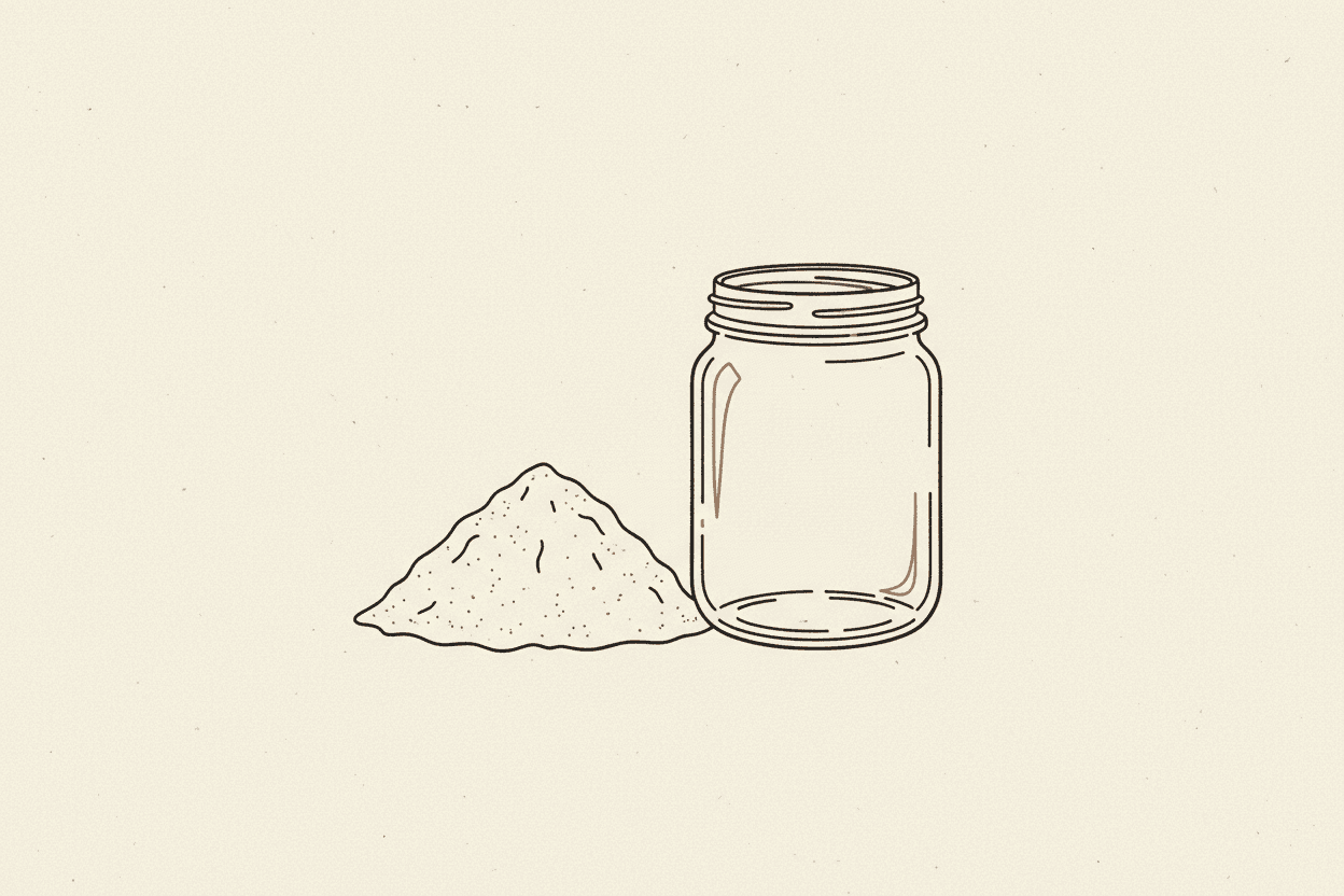 Illustration of a pile of pale, granular powder next to a clear glass jar
