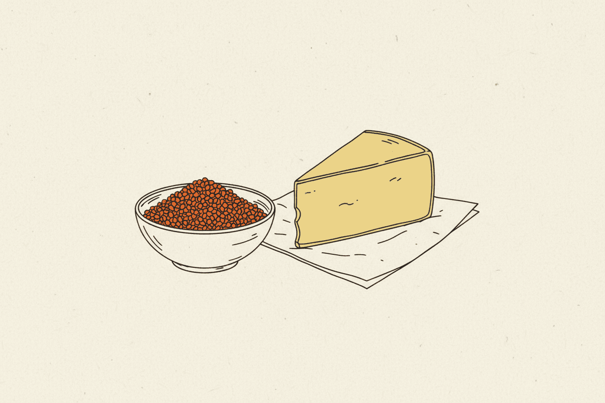 Illustration of a small bowl of reddish-orange seeds next to a wedge of yellow cheese