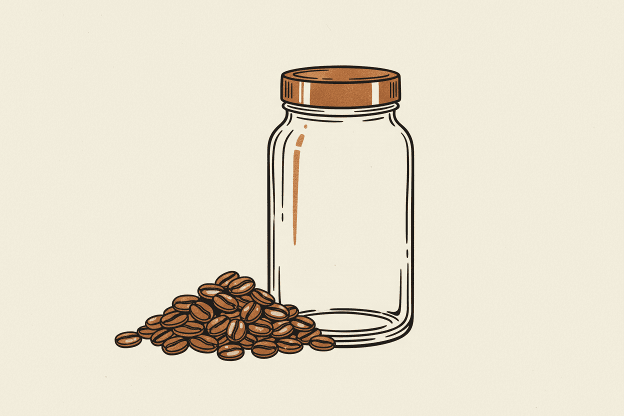 Illustration of a pile of roasted coffee beans next to a clear glass jar