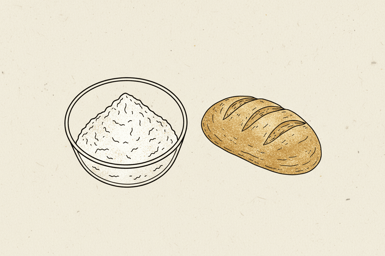 Illustration of a white powder in a glass bowl next to a loaf of bread