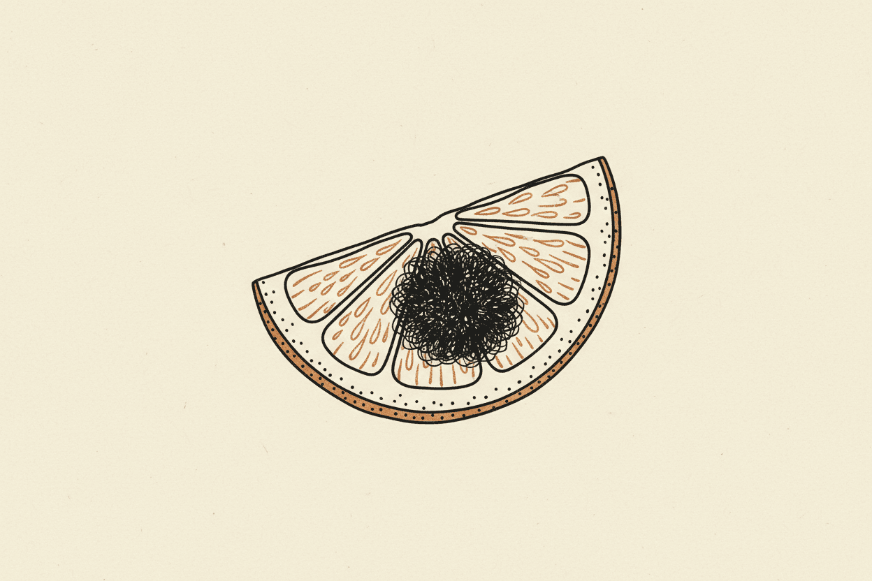 Illustration of a cluster of fuzzy black mold on a lemon wedge