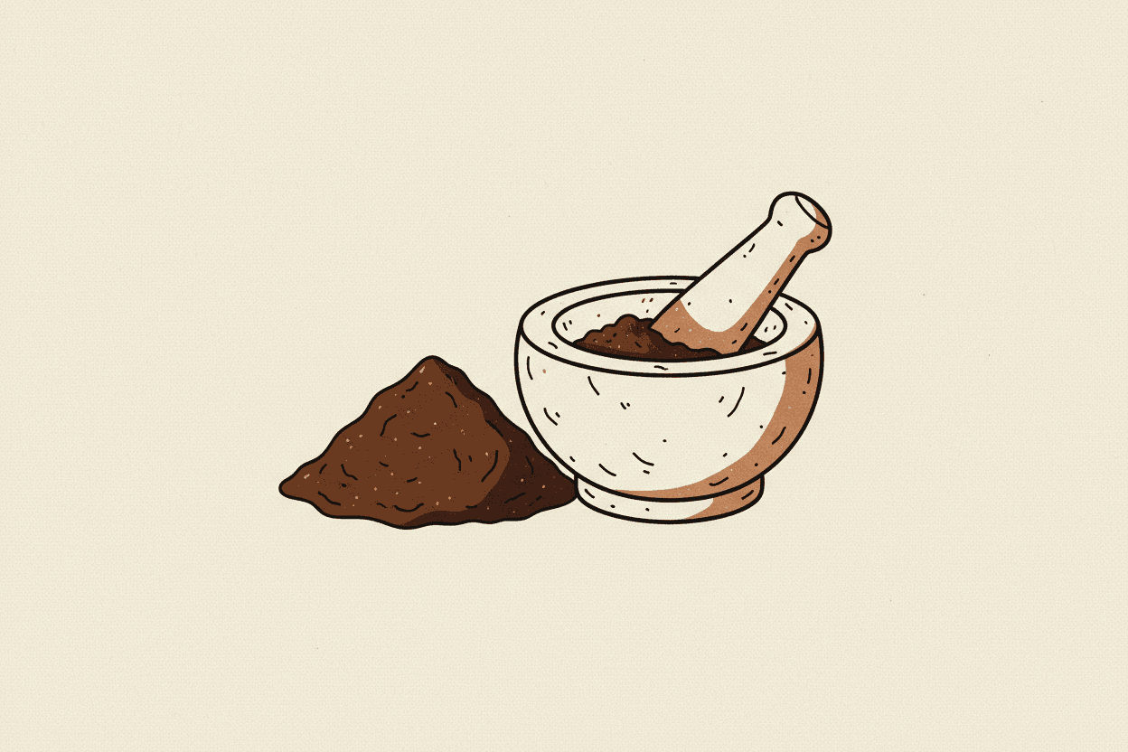 Illustration of a pile of dark brown cocoa powder next to a mortar and pestle