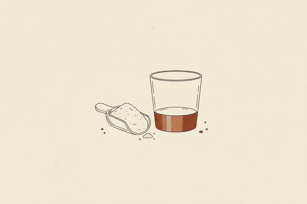 Illustration of a scoop of fine, pale powder next to a clear glass