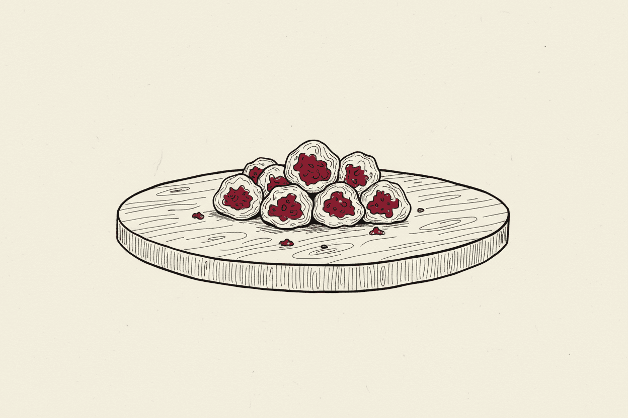 Illustration of a cluster of small, waxy spheres on a wooden cutting board