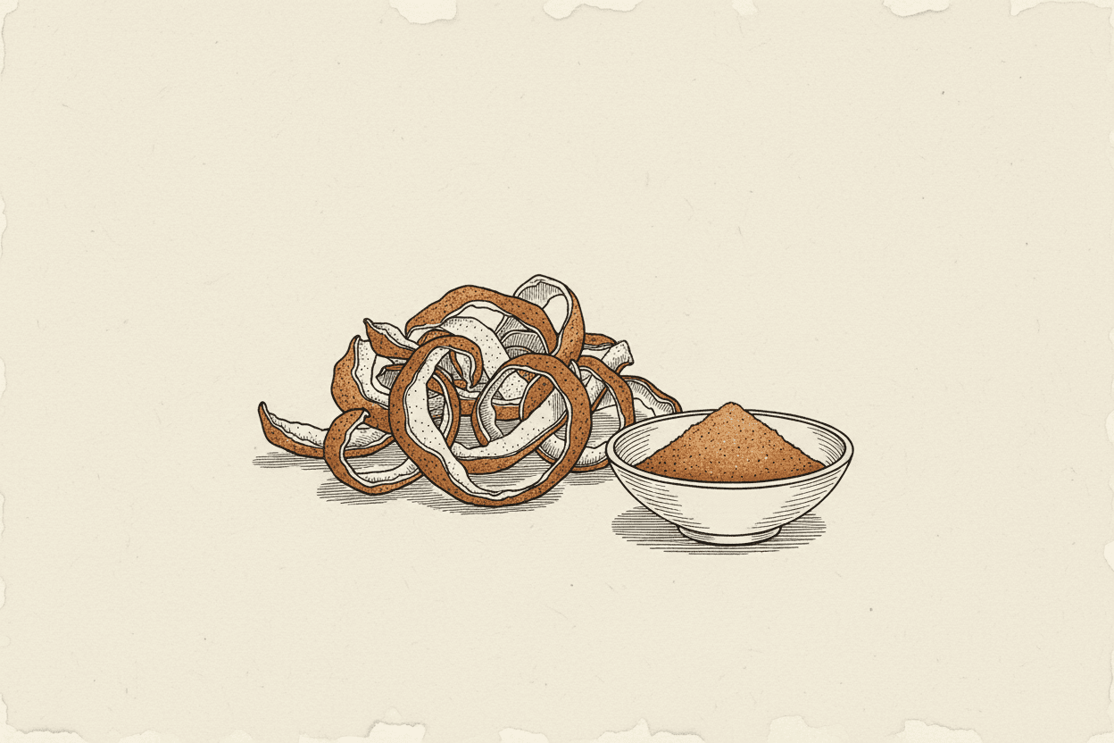 Illustration of a pile of dried citrus peels next to a small bowl of fine powder