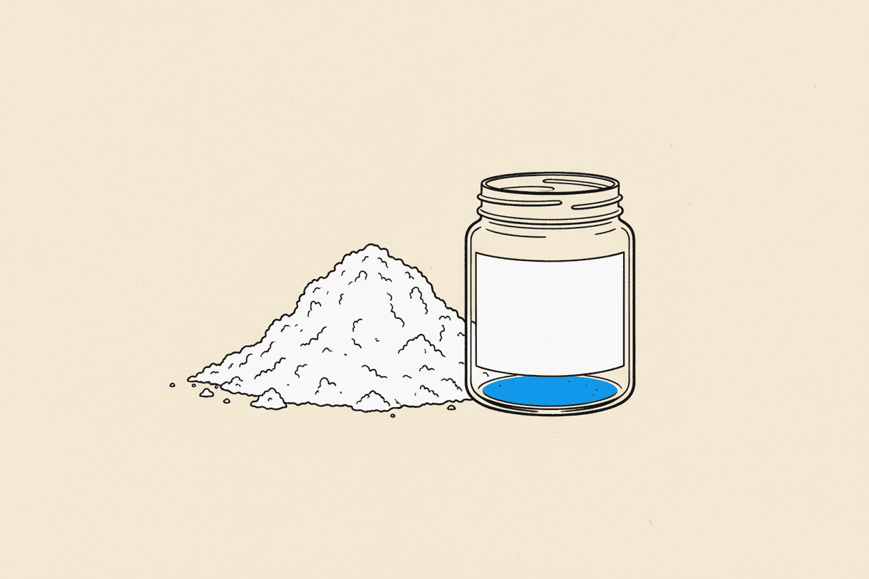 Illustration of a pile of fine white powder next to a clear glass jar