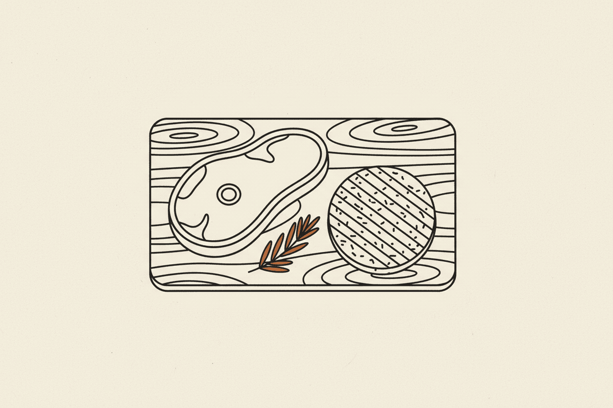 Illustration of a raw steak and a plant-based patty on a wooden cutting board
