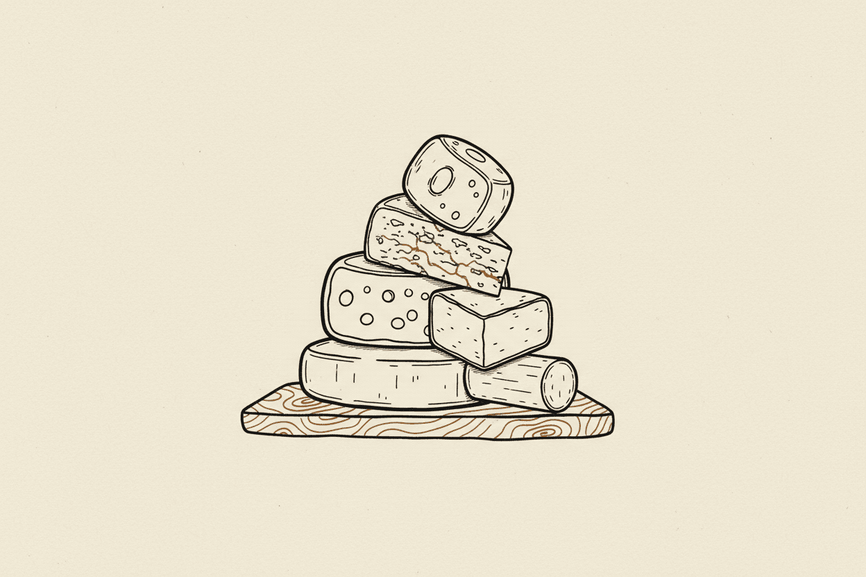 Illustration of a stack of assorted cheese wheels on a wooden board
