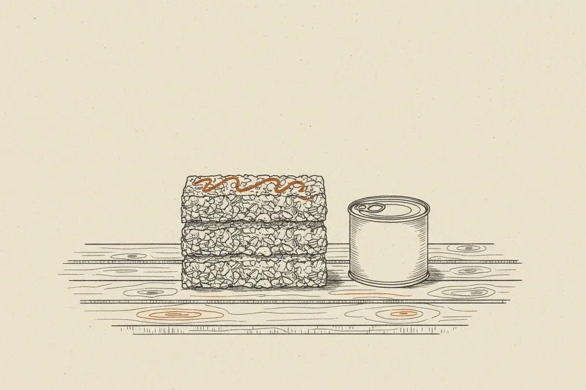 Illustration of a stack of chewy granola bars and a metal can on a wooden surface