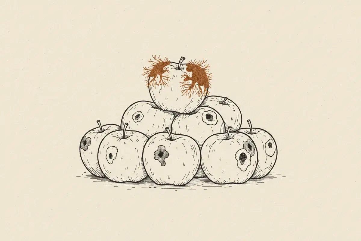 Illustration of a pile of bruised apples with a single moldy apple on top