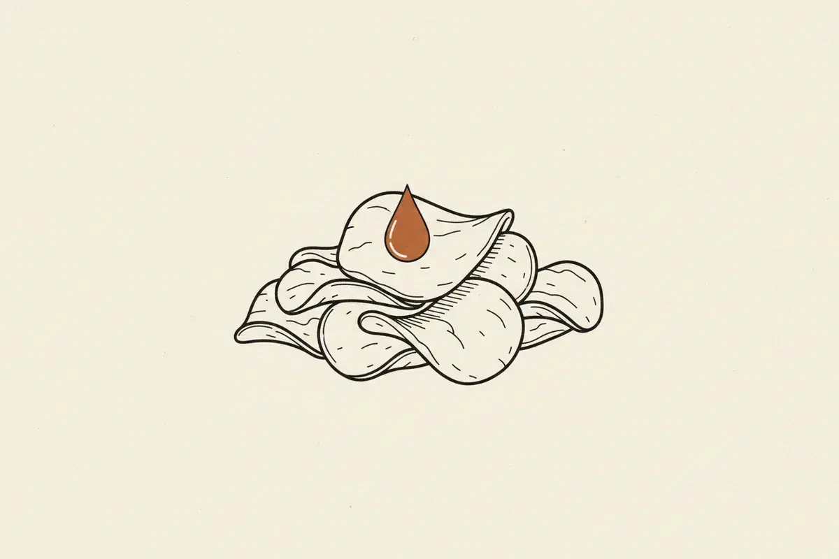 Illustration of a pile of potato chips with a small oil dropper