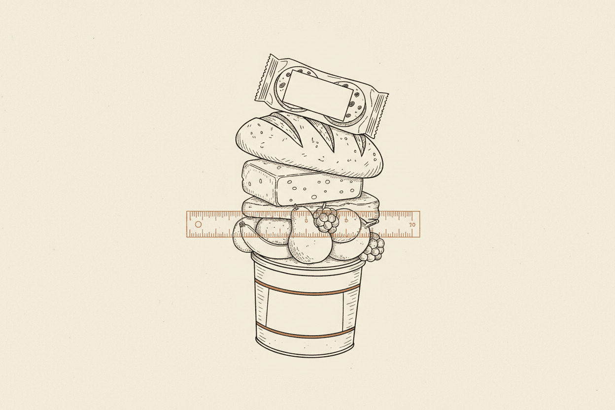 Illustration of a stack of assorted food items with a clear plastic ruler