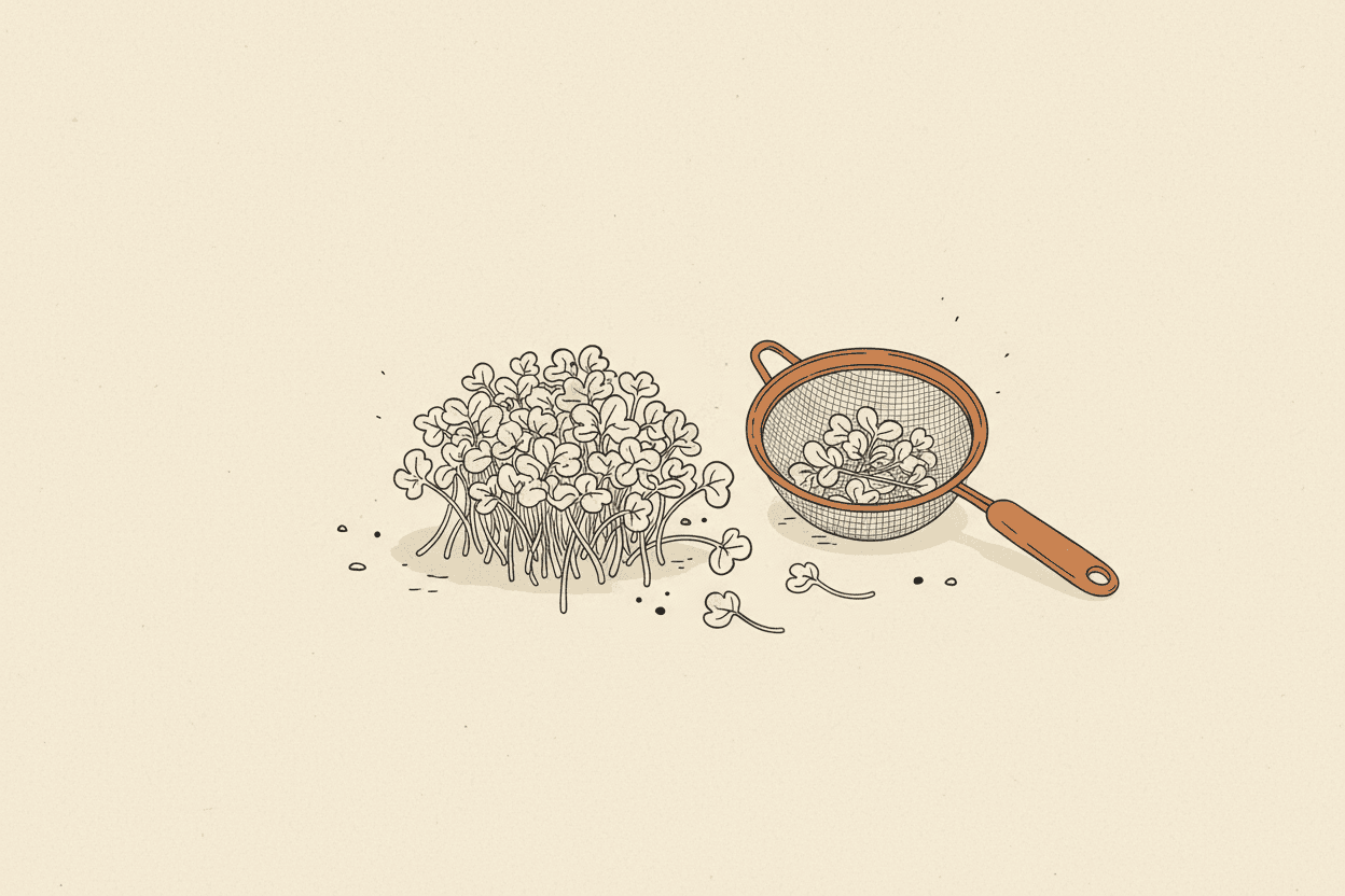 Illustration of a pile of broccoli sprouts next to a small sieve