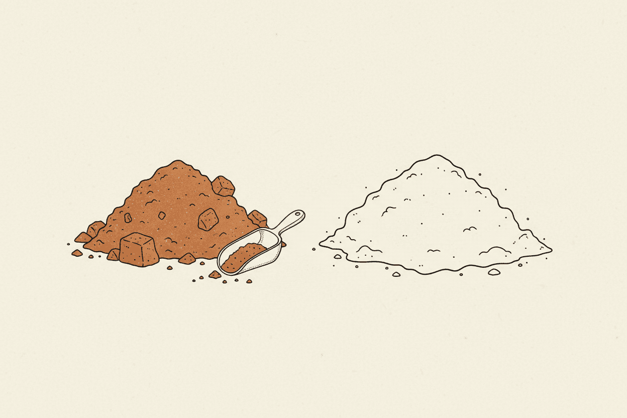 Illustration of a pile of brown sugar next to a pile of powdered sugar