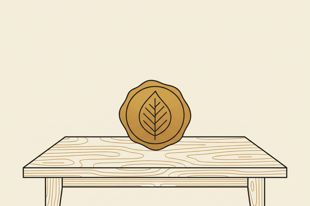 Illustration of a golden seal with a stylized leaf on a wooden table