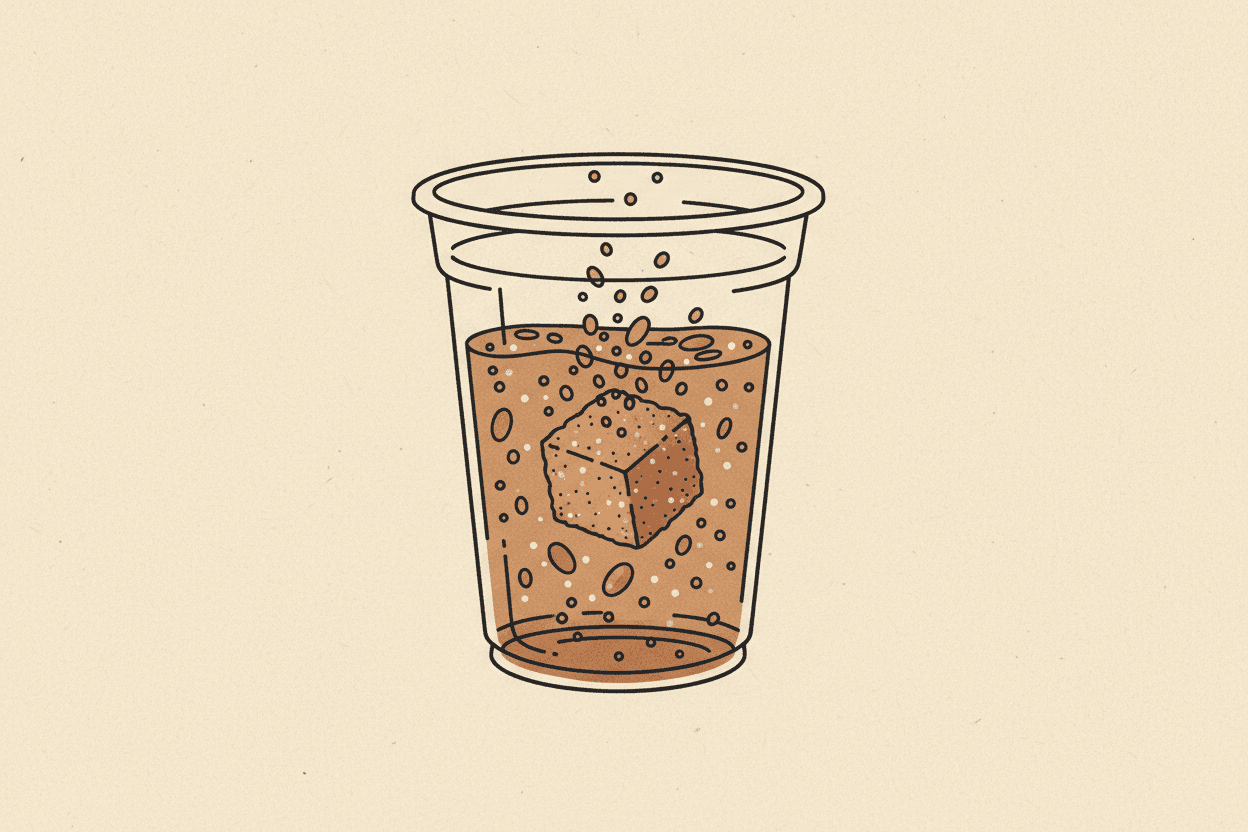 Illustration of a clear plastic cup filled with a bubbly beverage and a sugar cube